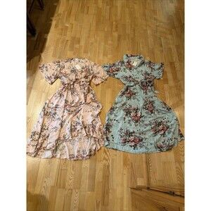 2 Keluummi Maxi Dress Plus 18 Pink Blue Floral Tie Waist A-Line Cottagecore NWT